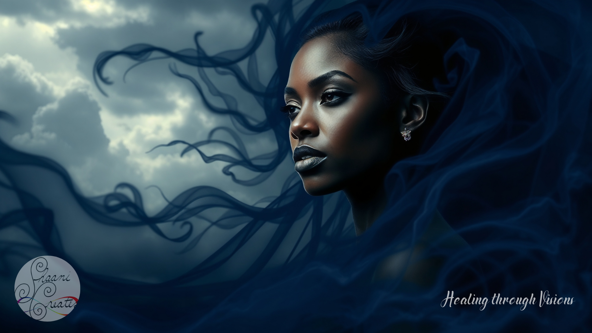 A striking portrait of a Black woman with a calm, resolute expression, her face illuminated against a stormy sky. Dark blue, smoke-like currents swirl around her, representing chaotic or disruptive energies, yet she remains untouched and steady, embodying strength, discernment, and energetic protection.