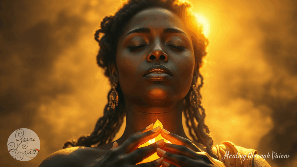 A radiant Black woman stands with her eyes closed, crowned in golden light. She holds a glowing orange crystal near her heart as sunlight pours from behind her head like a divine halo. Her expression is serene, reverent, and powerful, embodying sacred stillness and solar fire. The golden aura surrounding her body pulses with ancient wisdom and the presence of Ra. This image captures the exact moment of invocation, where the inner temple meets the outer Sun.