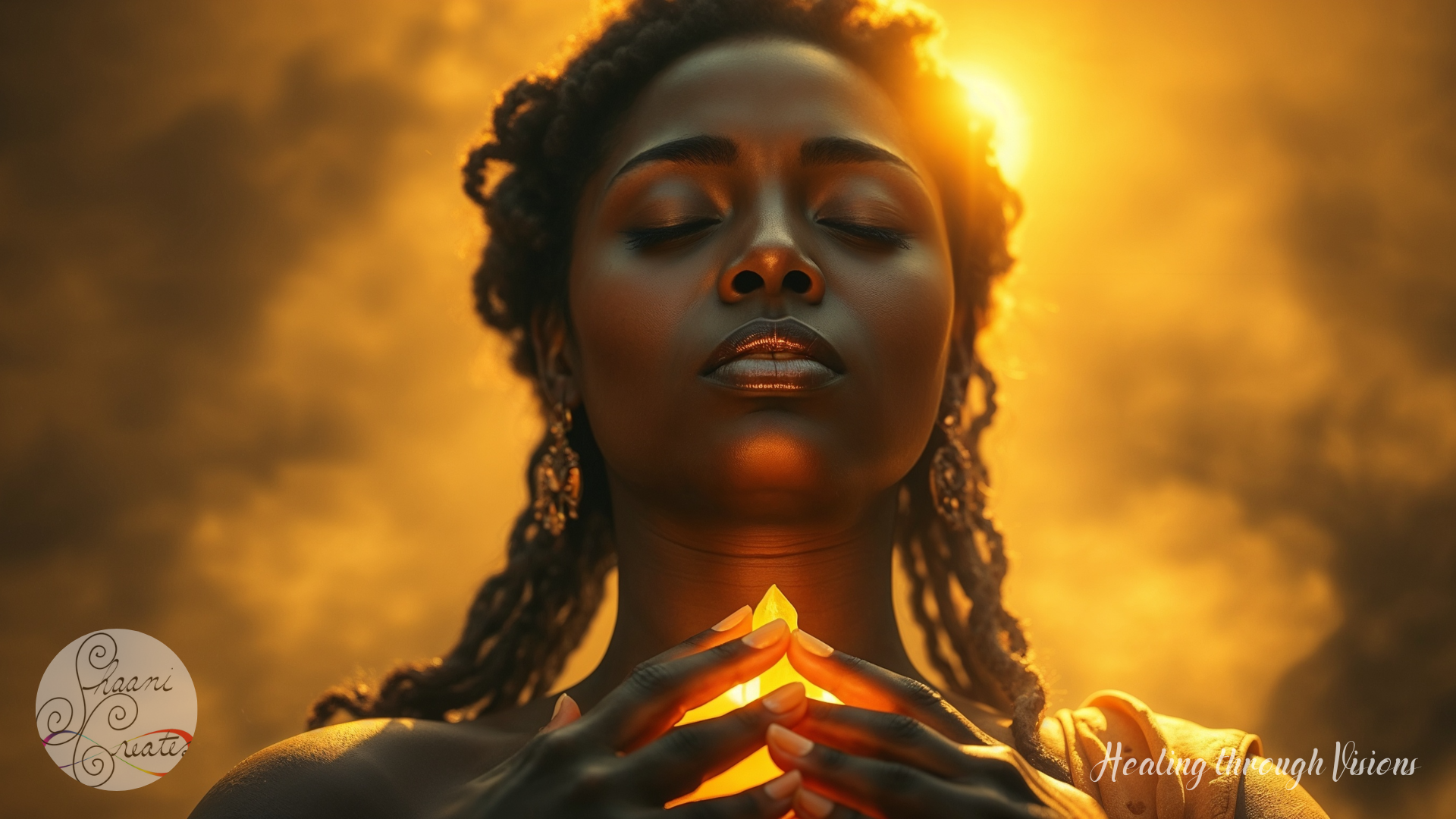 A radiant Black woman stands with her eyes closed, crowned in golden light. She holds a glowing orange crystal near her heart as sunlight pours from behind her head like a divine halo. Her expression is serene, reverent, and powerful, embodying sacred stillness and solar fire. The golden aura surrounding her body pulses with ancient wisdom and the presence of Ra. This image captures the exact moment of invocation, where the inner temple meets the outer Sun.