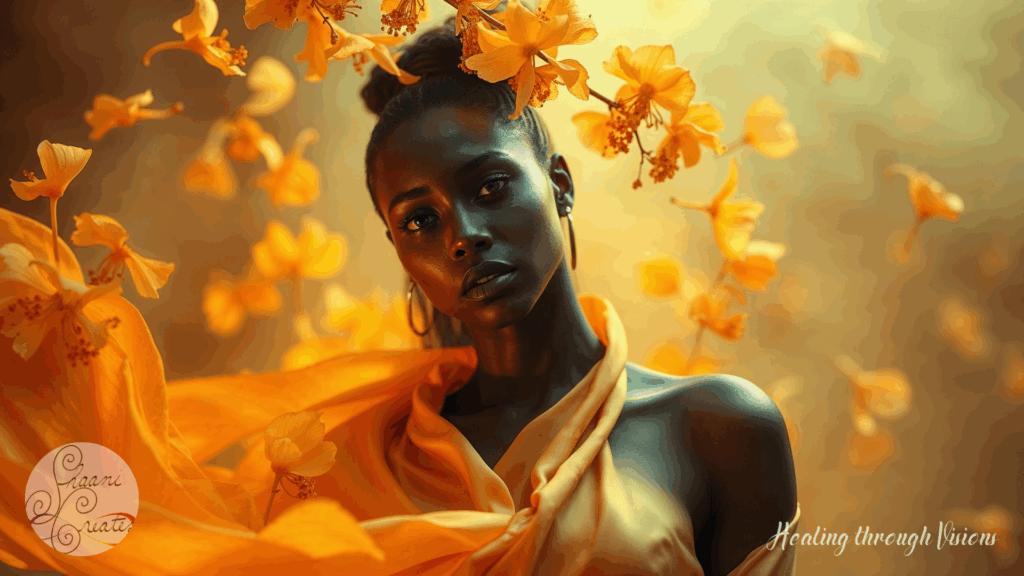 A radiant Black woman stands wrapped in flowing golden silk, her presence both commanding and serene. Around her, golden Helichrysum blossoms float in warm, glowing light—like whispers of the Sun’s memory made visible. Each petal glows with life force, eternal and unyielding. Her gaze carries clarity, power, and gentle warmth, as if she knows the Sun rises for her. This is the energy of Ra and Helichrysum—eternal light, divine remembrance, and radiant sovereignty made flesh.