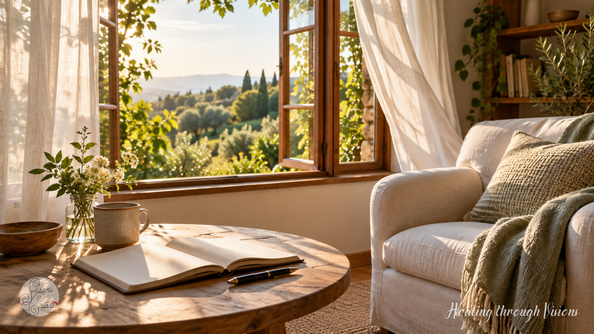 Sunlit room with an open journal and pen on a wooden table beside a cream armchair and an open window overlooking greenery.