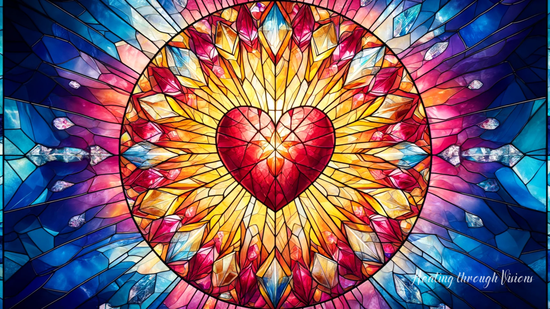 A stained glass artwork featuring an open heart surrounded by clear, crystalline patterns against a vibrant background. The heart represents openness and clarity, visualizing the mantra My heart is open, my mind is clear.