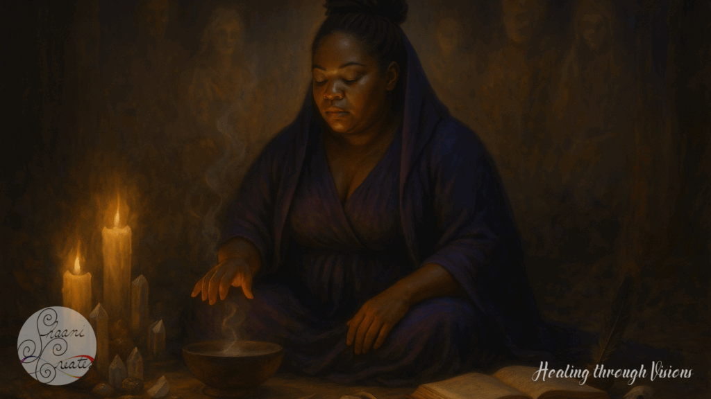A Black woman sits in deep ritual, draped in a flowing purple robe, surrounded by a candlelit altar with crystals, bones, an open book, and a bowl of rising smoke. Her eyes are closed in serene focus as her hand hovers above the sacred bowl. Behind her, soft, luminous spirit figures emerge from the shadows, evoking ancestral presence. The atmosphere is dim, intimate, and powerful—filled with reverence, mystery and quiet devotion.