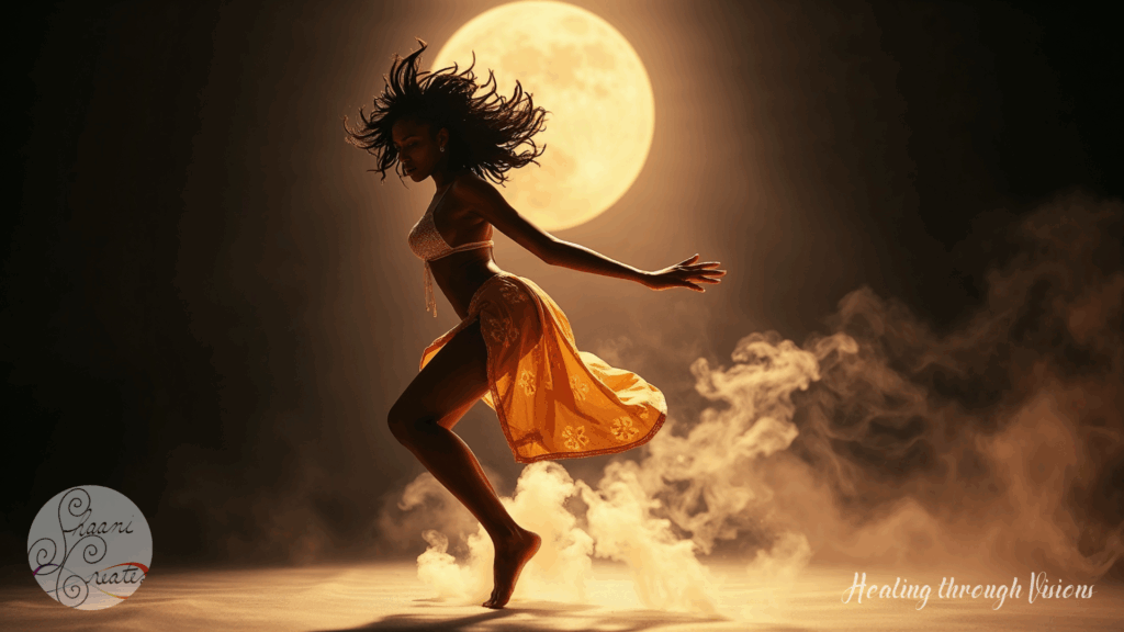 A radiant Black woman dances barefoot in sacred motion, her hair wild and alive under the glow of a full golden moon. Mist curls around her feet like ancestral breath, and her movement channels the energy of release, embodiment, and sovereignty. This is soul liberation in motion—the unseen made visible, the sacred made felt.