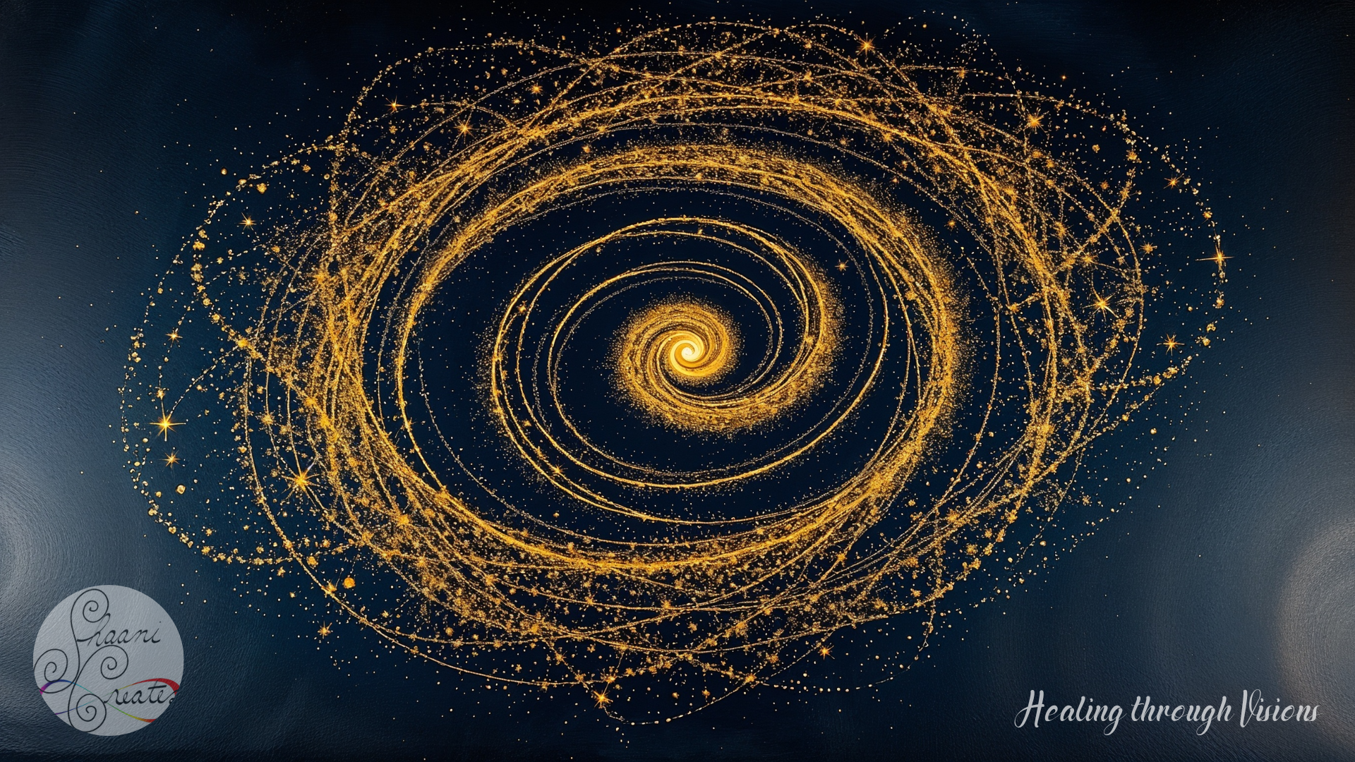A mesmerizing golden spiral radiates outward against a midnight-blue cosmic backdrop, its trails laced with stardust and pulsing with quiet intelligence. Constellations scatter like coded messages across the dark sky, each orbit echoing the rhythm of transformation, cycles, and unseen guidance. This sacred spiral doesn’t just move—it remembers. It mirrors the evolution of the soul, the momentum of choice, and the sacred dance between past, present, and future. A visual representation of the Personal Year’s energy—endless, intuitive, and always unfolding.