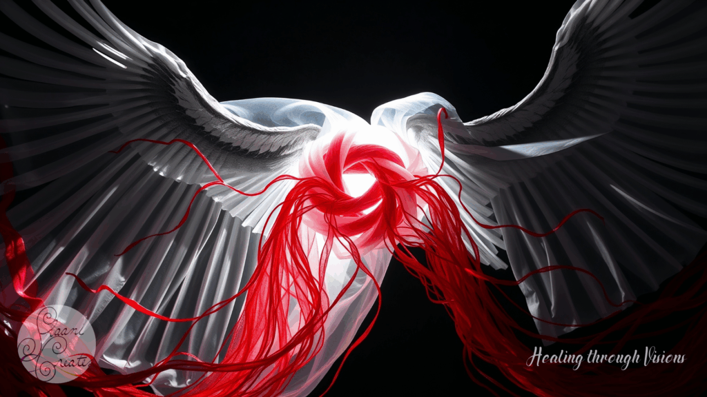A glowing red vortex spins at the heart of two massive white wings, sending streams of red energy flowing outward like untamed emotion in motion. The scene is both fierce and graceful, symbolizing the transformation of intense feelings into empowered flight. The contrast of dark background and radiant center creates a visual portal, capturing the energy of moving through frustration, anger, or annoyance and returning to a higher state of alignment. The red strands evoke emotional release, while the wings carry the essence of protection, self-trust, and transcendence.