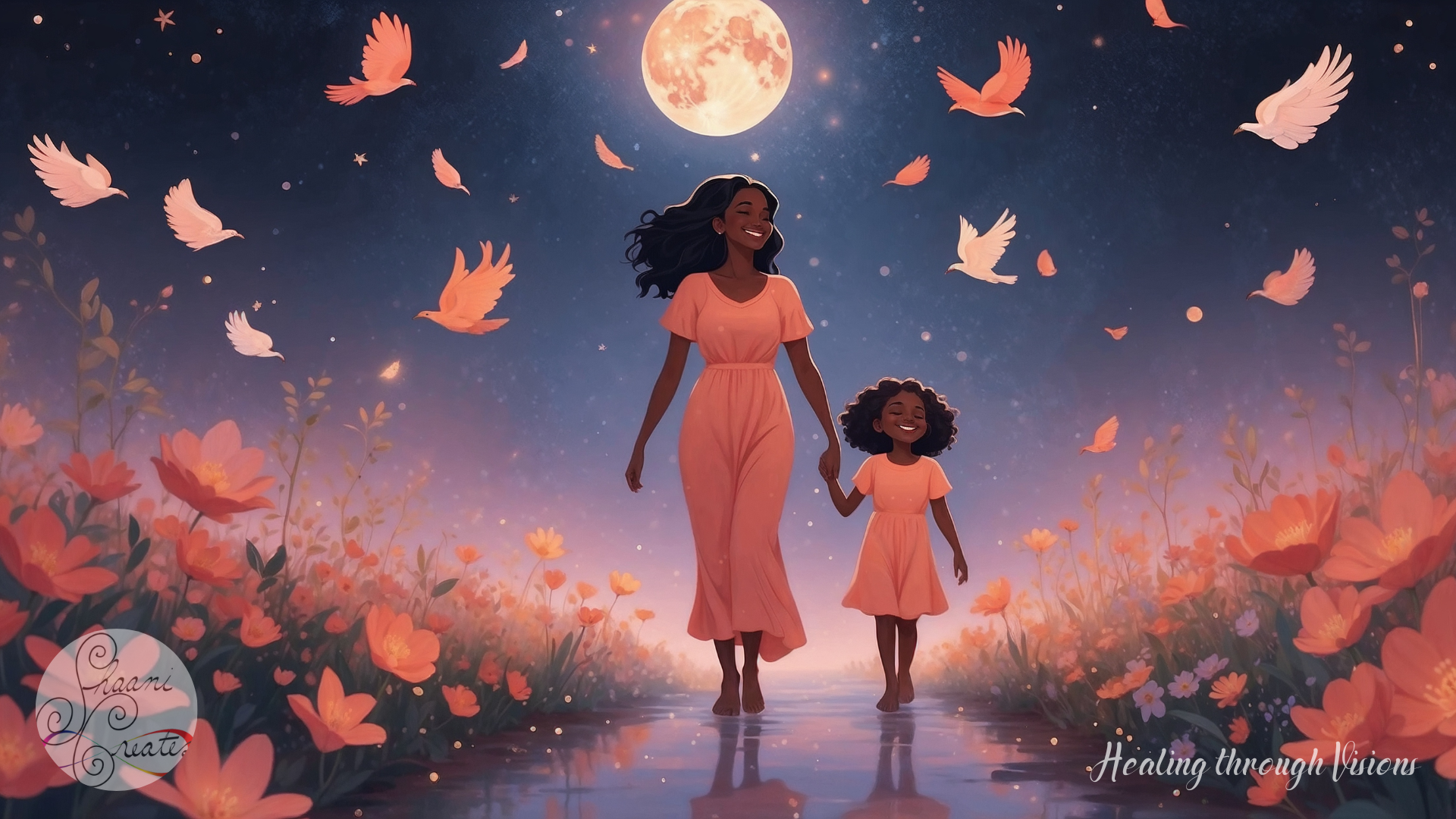 A radiant Black woman walks hand in hand with her younger self beneath a glowing full moon. They move barefoot along a flower-lined path, surrounded by warm coral blooms and luminous birds in flight. The air sparkles with golden light as laughter rises between them. This moment captures the heart of inner child healing—joyful reunion, sacred remembrance, and the embodiment of safety, freedom, and unconditional love.