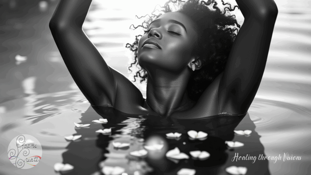 A Black woman floats in serene water, her arms raised in surrender, eyes closed in sacred stillness. Curly hair frames her peaceful face as delicate flower petals drift around her, creating ripples that shimmer in the soft light. Her expression radiates release and reverence, as if the water itself is receiving her offering. This moment captures the essence of sensual embodiment, elemental healing, and spiritual communion.