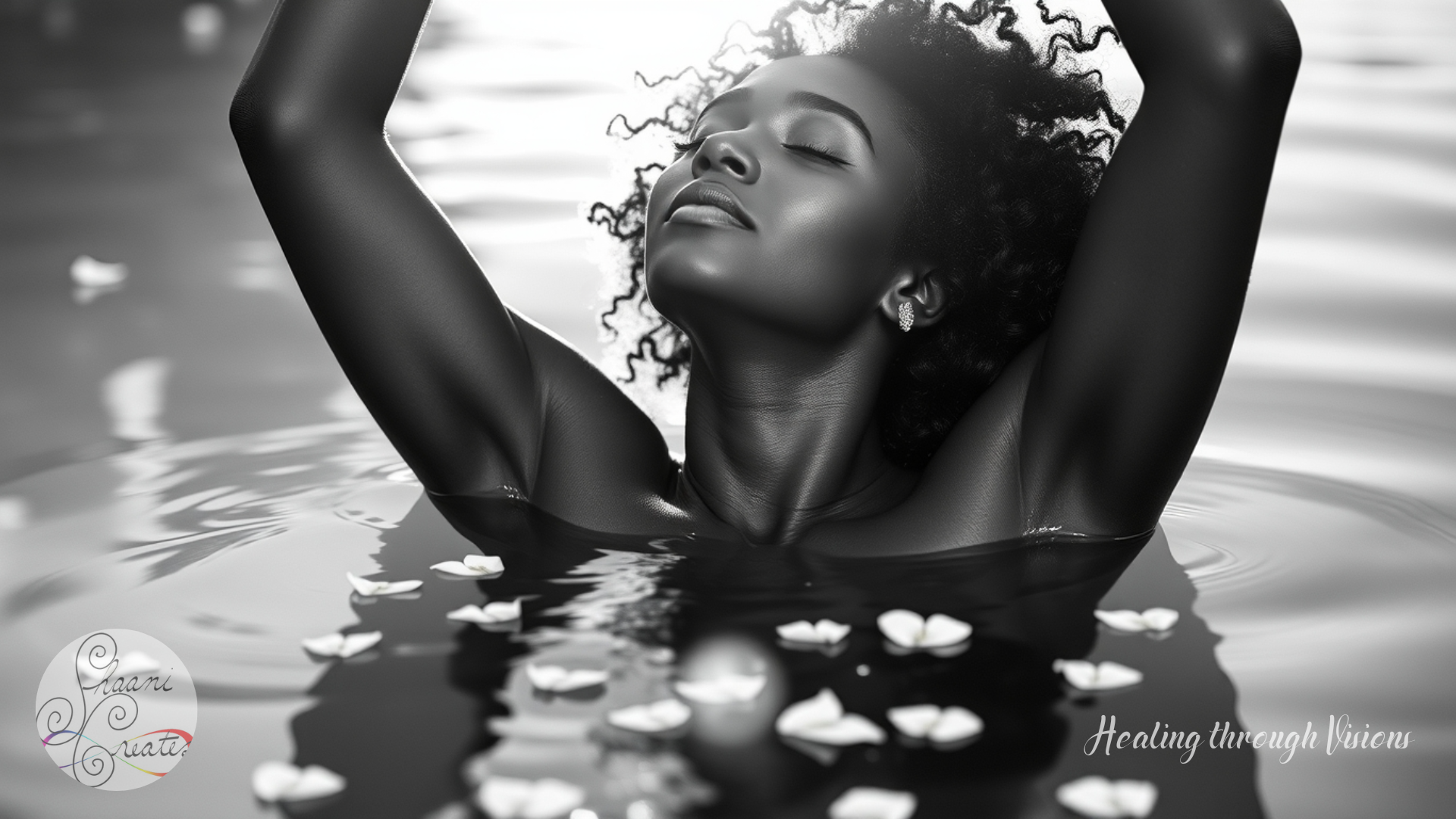A Black woman floats in serene water, her arms raised in surrender, eyes closed in sacred stillness. Curly hair frames her peaceful face as delicate flower petals drift around her, creating ripples that shimmer in the soft light. Her expression radiates release and reverence, as if the water itself is receiving her offering. This moment captures the essence of sensual embodiment, elemental healing, and spiritual communion.
