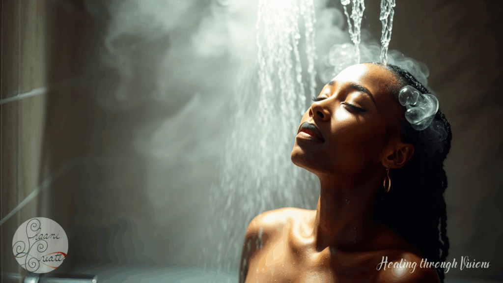 A beautiful Black woman with medium-deep brown skin stands under a warm stream of water, eyes closed in deep presence. Steam swirls around her, and the light casts a soft golden glow on her skin. Her face tilts upward, lips gently parted, with an expression of serene surrender. Water pours gently over her crown, creating the visual of a sacred anointing. The atmosphere is sensual, sacred, and quiet—capturing the essence of hygiene as ritual.