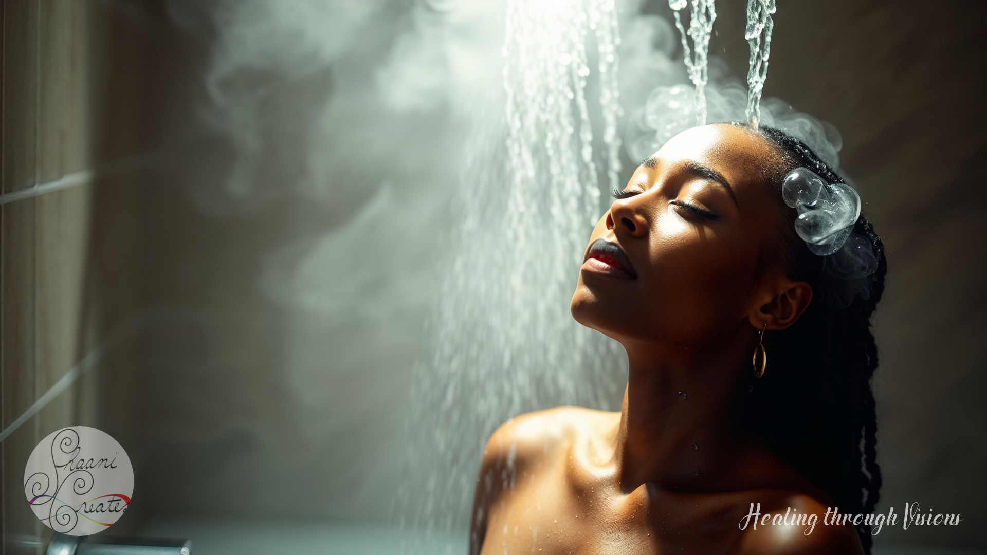 A beautiful Black woman with medium-deep brown skin stands under a warm stream of water, eyes closed in deep presence. Steam swirls around her, and the light casts a soft golden glow on her skin. Her face tilts upward, lips gently parted, with an expression of serene surrender. Water pours gently over her crown, creating the visual of a sacred anointing. The atmosphere is sensual, sacred, and quiet—capturing the essence of hygiene as ritual.