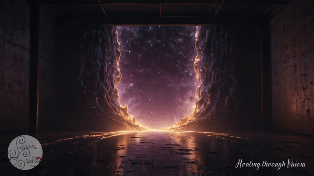 A surreal, sacred threshold opens before you—representing the unseen experience of holding space. A dark, industrial room gives way to a glowing cosmic portal framed by walls of fluid light and shadow, shaped like softened stone and golden silk. The edges ripple, not violently, but like a breath being held with reverence. Beyond the portal, stars swirl through a violet and indigo sky—an infinite field of possibility, memory, and transformation. The ground glistens with light, reflecting the mystery ahead like a mirror to your inner world. This isn’t just a visual—this is a frequency. The image holds you. It invites you to soften, to trust, to remember that something sacred happens when we choose to stay present. This is what holding space looks like from the inside: quiet, vast, and alive.
