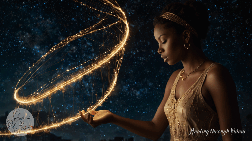 A radiant Black woman stands gracefully beneath a cosmic sky, her eyes closed in deep presence as a luminous spiral of golden light swirls from her open palm. Her textured hair is adorned with a shimmering headband, and her golden dress glows with delicate beadwork, echoing the stars above. The golden spiral floats effortlessly in the air, alive with fine threads and tiny points of light, forming a sacred geometry that seems to pulse with intelligence. She appears both grounded and celestial—a living bridge between realms, channeling unseen frequencies into form. This is not just a moment—it is a transmission of power, remembrance, and divine creativity.