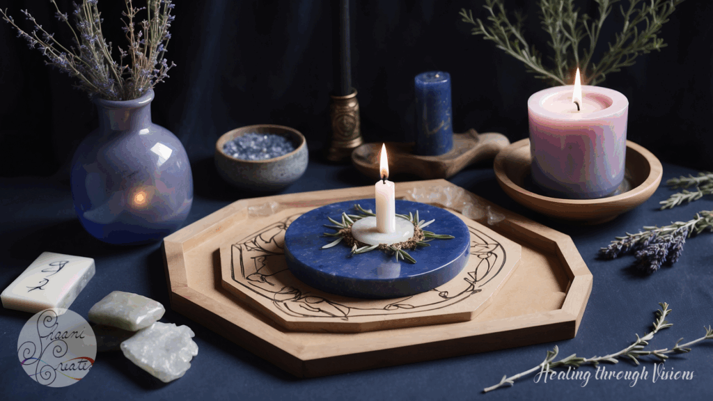 A quiet altar rests on a deep indigo cloth, adorned with clear quartz, rose quartz, and black tourmaline arranged in a soft protective grid. A single beeswax candle flickers gently beside a small mirror, a pouch of lavender, mugwort, and rosemary. Sprigs of sage and bay leaf rest in a ceramic dish nearby. The air shimmers subtly, carrying the sense that the altar is alive—aware, listening, and ready to receive whatever truth enters its field.