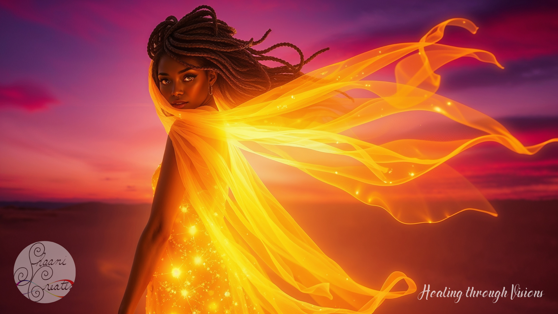 A radiant Black woman stands in the desert at twilight, her deep brown skin glowing with golden embers beneath a flowing, translucent veil of fire-like fabric. Her locs stream behind her as if caught in an otherworldly wind. Sparks of light shimmer from within her gown, as though her entire body is made of starlight and intention. She looks over her shoulder with a gaze that is both ancient and present, knowing and silent. The sky behind her burns in hues of magenta and violet, amplifying the cinematic, spiritual energy of the moment. She appears between worlds—part woman, part djinn, fully sovereign.