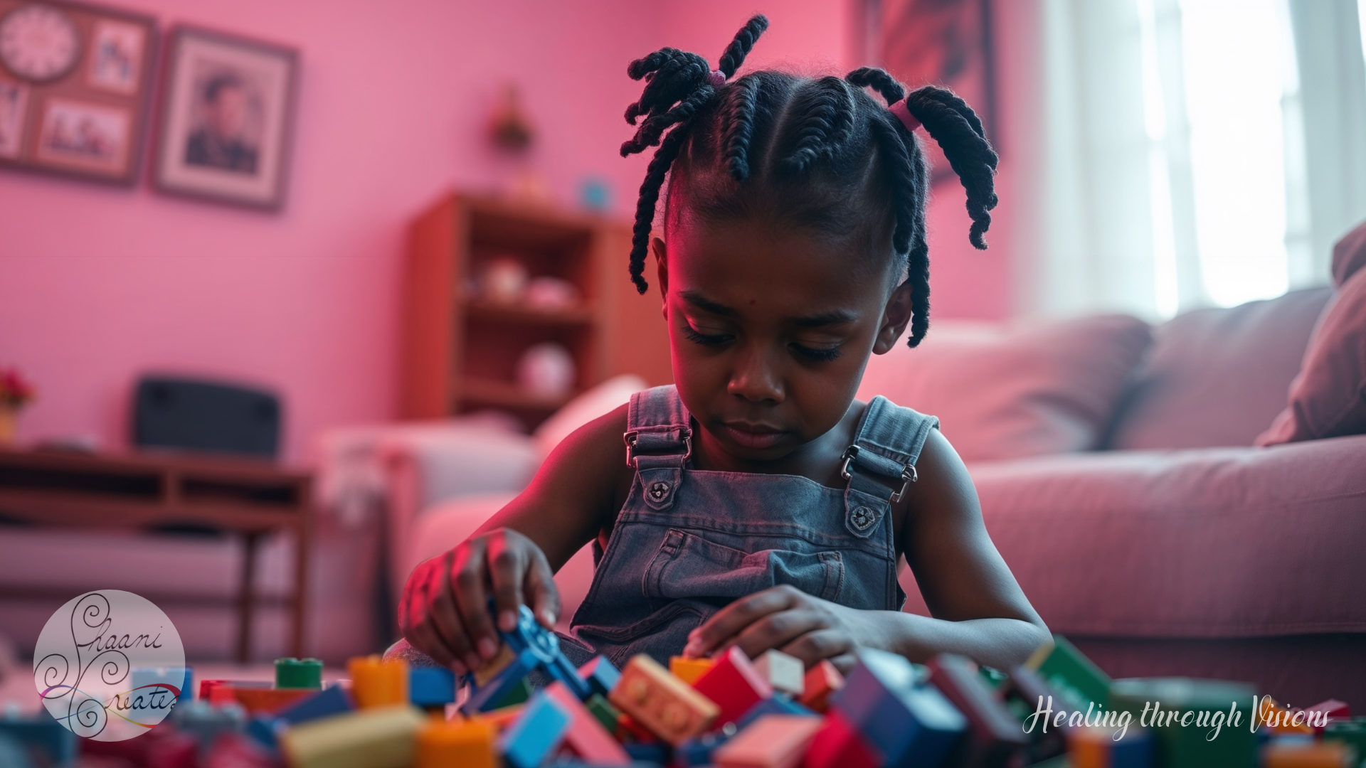 A young Black girl, around six years old, sits cross-legged on a carpeted living room floor bathed in warm, nostalgic light. Dressed in vintage-style denim overalls, she focuses intently as her small hands sort through a colorful pile of toy bricks that resemble Legos. Her hair is styled in neat, chunky twists tied with soft bands, adding to her radiant, childlike charm. The living room behind her feels like a memory—muted pink walls, framed family portraits, and plush furniture evoking the early 1980s. There’s a quiet magic in her concentration, as if each brick she touches holds a forgotten spell waiting to be remembered.