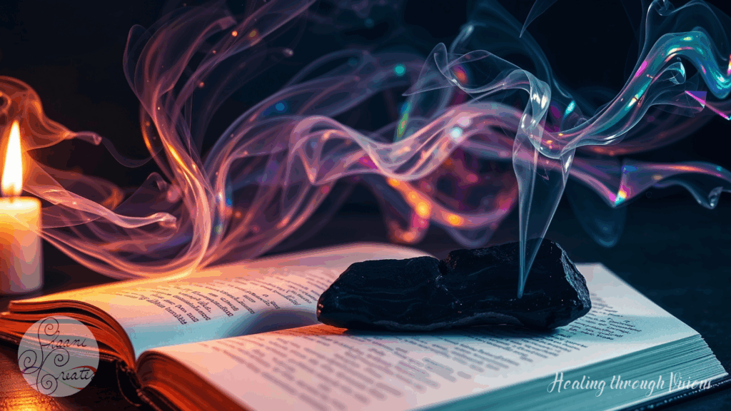 An open book rests beneath a flickering candle flame. Rainbow smoke rises in delicate, twisting waves from a piece of obsidian placed atop the pages. Each wisp carries a sacred message—an unseen frequency made visible. The air feels electric, still, alive with the energy of memory. This is the Vault of Visions, where sacred words linger in the in-between, waiting to awaken what your soul came here to remember.