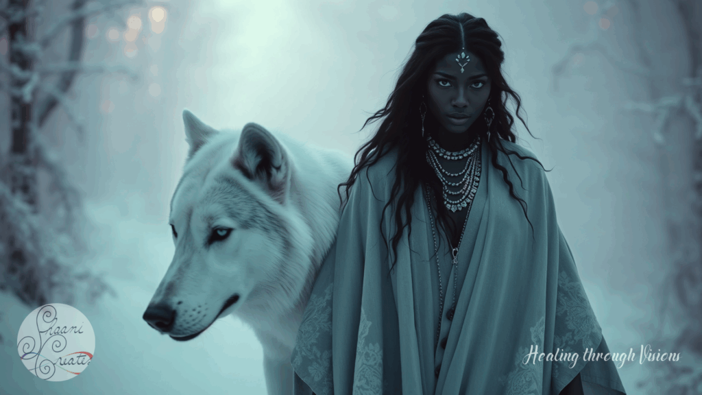 A powerful Black woman stands in a snow-covered forest, draped in an elegant, patterned robe and adorned with layers of intricate silver jewelry. Her gaze is steady and unyielding, marked by a small, luminous adornment at her forehead. Beside her, a majestic white wolf with piercing blue eyes walks in silent harmony, its fur glowing softly against the misty winter air. The atmosphere hums with magic and protection, as if the forest itself recognizes their bond and the truth they carry.