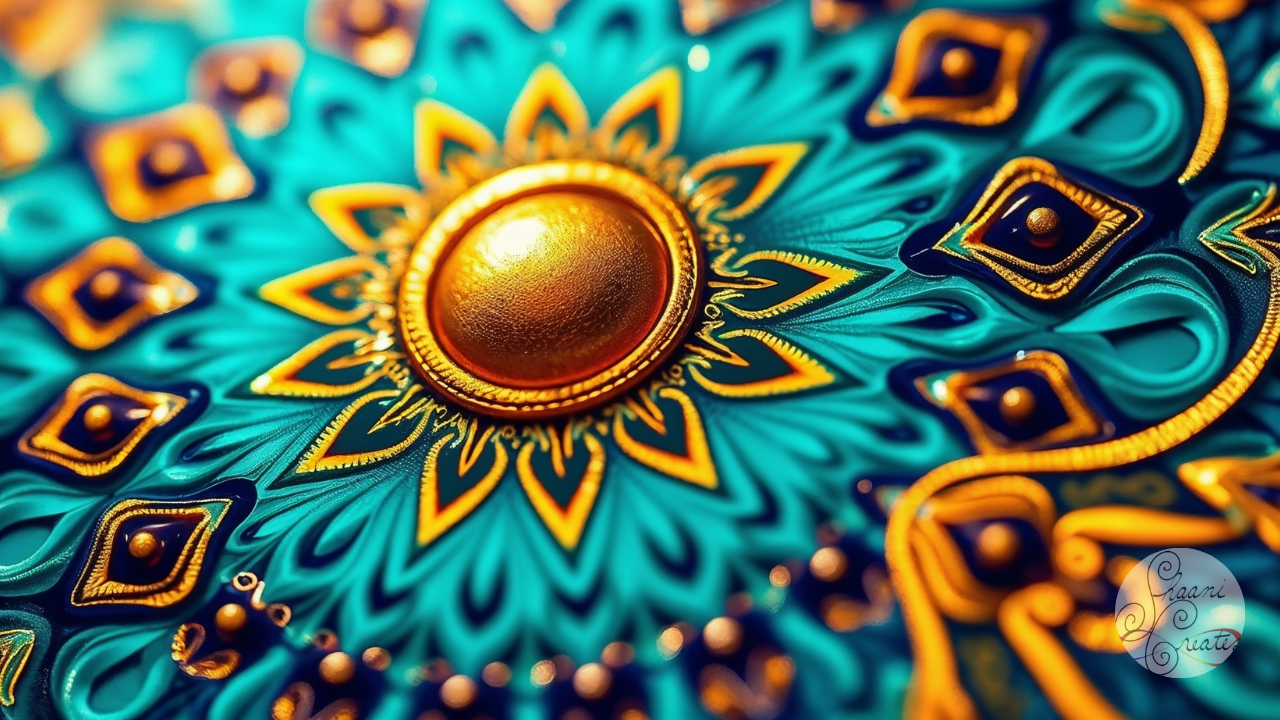 A luminous golden sphere rests at the center of an intricate mandala, glowing like polished brass and surrounded by sculpted layers of teal, cerulean, deep turquoise and midnight blue that ripple outward with ornate gold detailing and jewel-like droplets in amber and lapis. The image carries the energy of grounded clarity, emotional depth and embodied truth that defines the ShaaniCreates Patreon. The radiant gold reflects inner strength and leadership, while the flowing blues mirror reflection, somatic awareness and the quiet honesty that shapes the space. The mandala feels alive with intention and speaks to the way the work on ShaaniCreates Patreon moves from the center outward, steady and true.