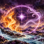 Glowing violet circle and central star framed by golden flames, swirling lavender Air, flowing Water and amethyst crystals.