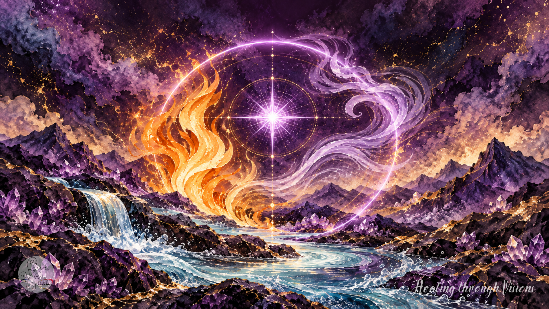 Glowing violet circle and central star framed by golden flames, swirling lavender Air, flowing Water and amethyst crystals.