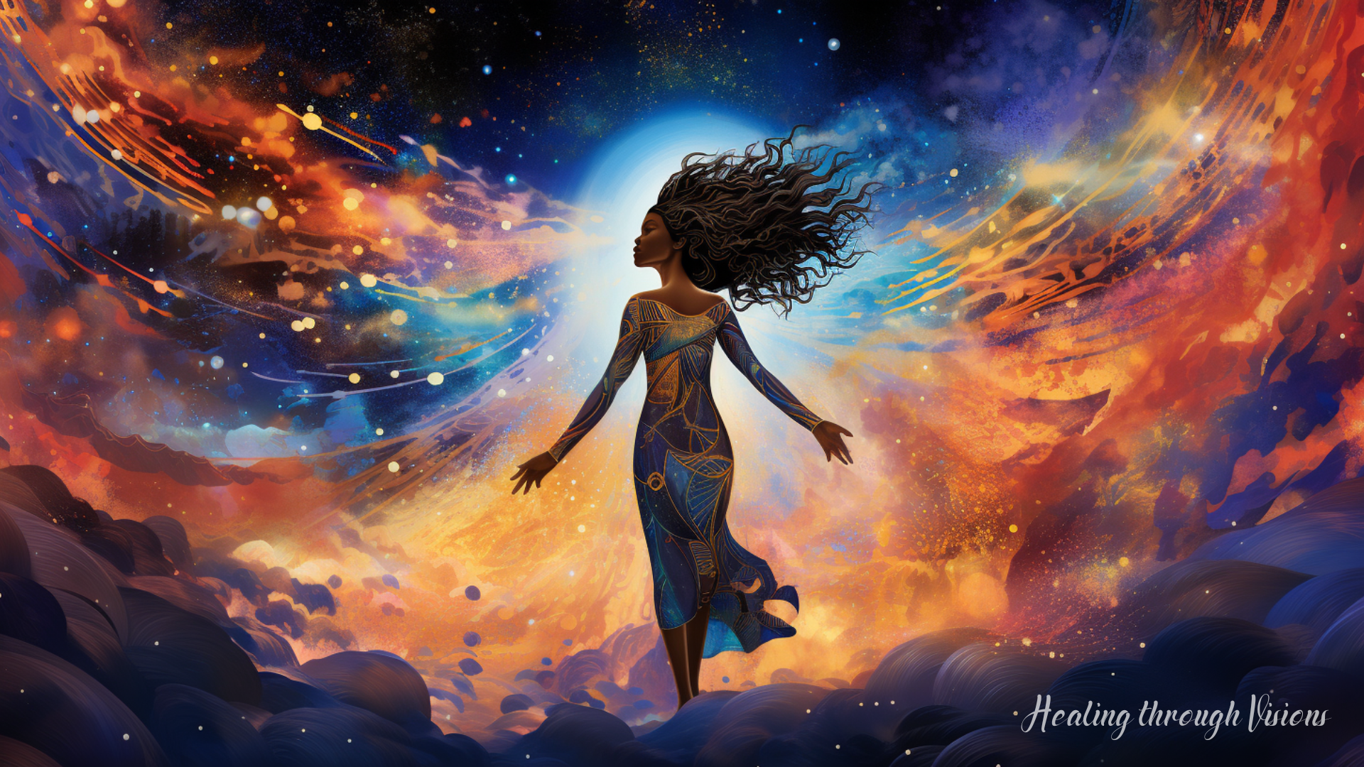 In the heart of an expansive cosmic landscape, a radiant figure of a Black woman stands, arms raised, channeling the fiery energy of countless stars. Each star symbolizes a mantra, shining brilliantly against the velvety backdrop of space. A trail of luminous nebulas, swirling with hues of deep purples, electric blues, and gleaming golds, spirals around the figure, representing the transformative journey of self-discovery and alignment. This celestial dance of light and color not only captures the spirit of Tuesdays but also the infinite potential within each of us, waiting to be unlocked through the power of affirmations.