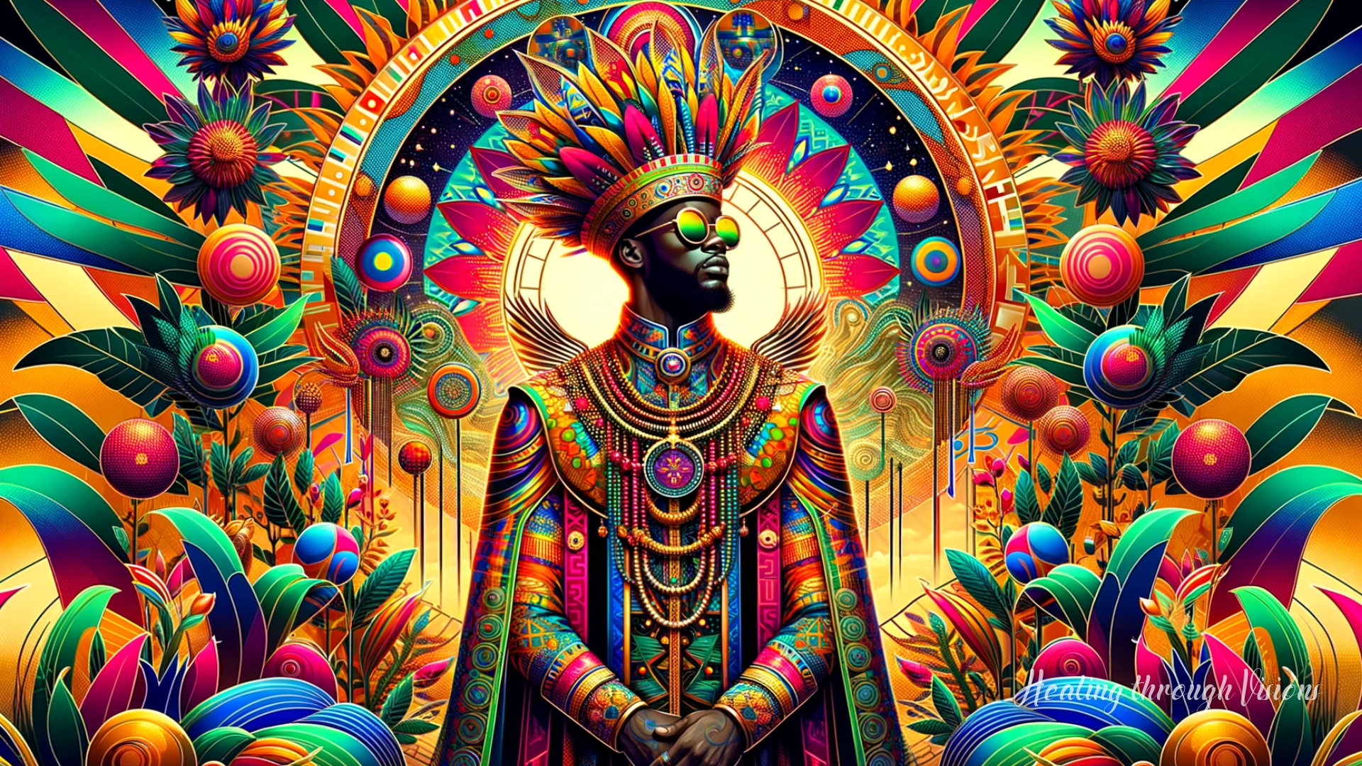Healing through Visions - Afropunk Opulence - an Afropunk-inspired image featuring a majestic figure adorned in vibrant, colorful attire, with intricate patterns and symbols of wealth, standing confidently in a flourishing, futuristic landscape that merges tradition with modernity.