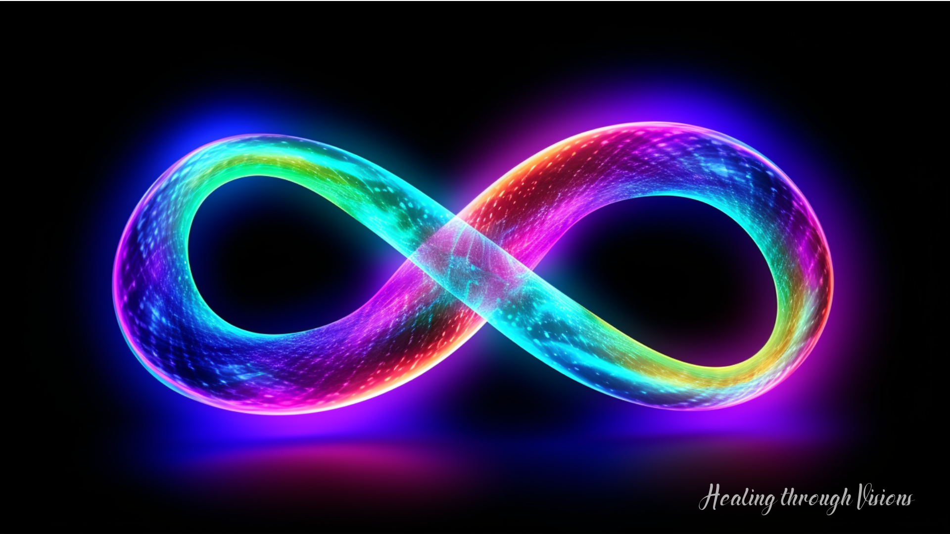 The image shows a vibrant and magical infinity symbol, with its looped figure-eight shape rendered in bright, vivid colors. The colors appear to swirl and flow within the symbol, with shades of blue, purple, and green merging and blending together. The overall effect is one of movement, energy, and dynamic creativity, as if the symbol is alive and pulsing with its own unique power. The symbol appears to be suspended in a bright, glowing space, surrounded by stars and other celestial objects.