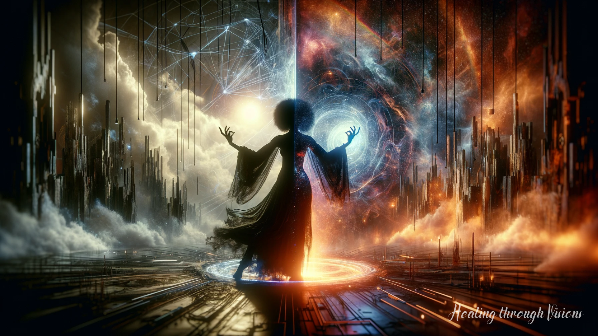 An image capturing the essence of releasing rage and integrating light and dark into the One. In the foreground, the silhouette of a Black woman Shaman, embodying strength and spiritual depth. She stands in a surreal setting, a fusion of light and shadow, symbolizing the merging of opposing energies. The environment is dystopian yet magical, with an intricate play of light and darkness, reflecting the theme of transformation and balance.