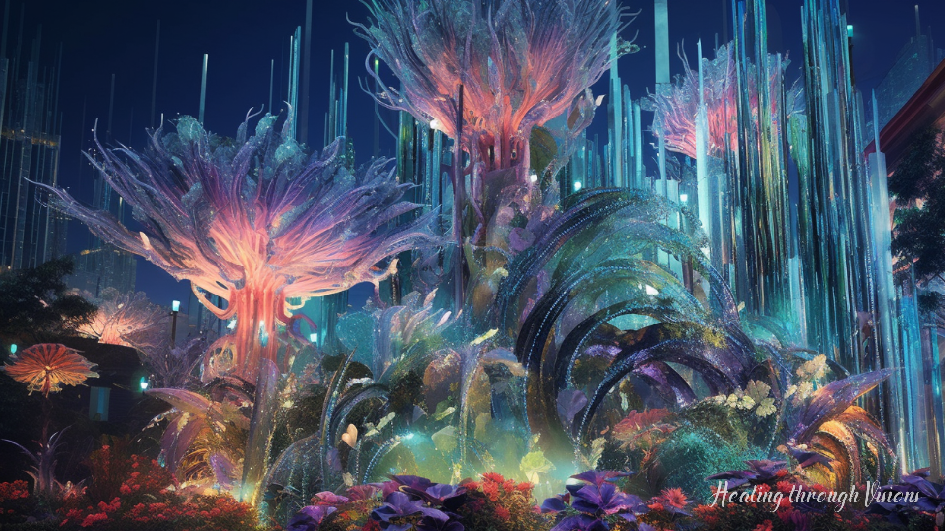 In a realm bathed in shimmering hues of iridescent light, a celestial spectacle unfolds. At the heart of a resplendent cityscape, towering crystalline structures intertwine with cascading ribbons of energy, illuminating the sky like ethereal fireworks. Vibrant, sentient plants burst forth from floating gardens, their blossoms radiating a mesmerizing array of colors that dance in harmony with the luminescent flora. A gentle breeze carries the sweet scent of healing energy, infusing the air with a revitalizing aura that permeates every nook and cranny. As streams of luminary beings soar overhead, their luminous wings casting shimmering trails, a sense of serenity envelops all who behold this wondrous vista, offering a glimpse into a futuristic world where vibrant energies interweave, offering hope and restoration to a weary Universe.