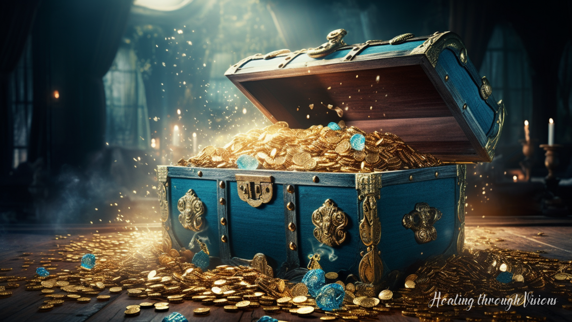 A magical, open, vivid treasure chest with jewels and golden coins flowing out of the chest. Rays of golden light dance and reflect off the precious treasures, creating a mesmerizing spectacle that embodies the infinite abundance and opulence that await those who unlock the door to their financial wellness.