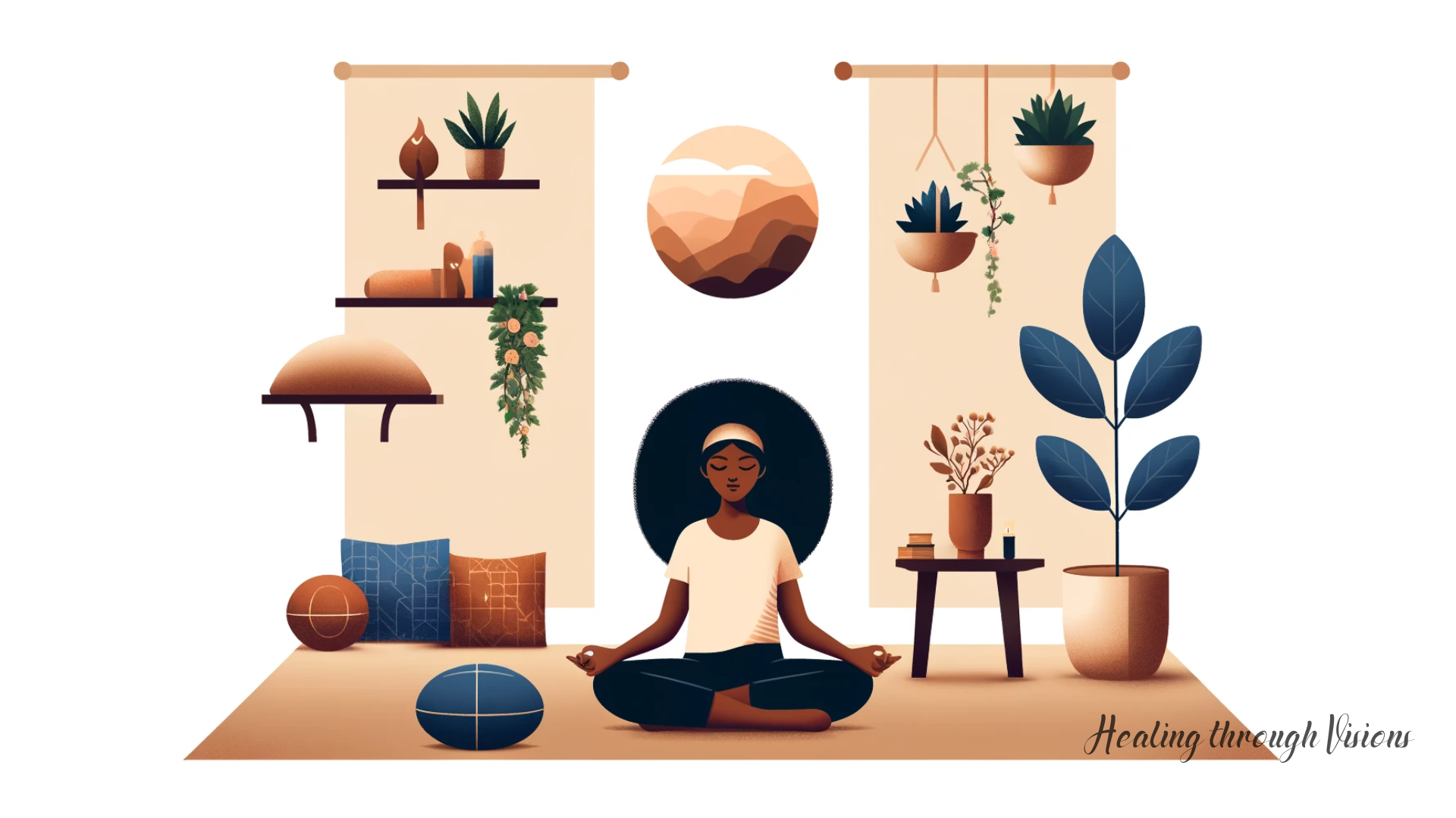 Healing Through Visions Daily Meditation Practice - A scene depicting a Daily Meditation Practice featuring a Black woman meditating in a comfortable, serene home environment. The setting includes a cozy meditation corner with cushions, ambient lighting, and elements of nature like small plant. The woman is seated in a lotus position, embodying a peaceful and focused demeanor. The image conveys a sense of tranquility and personal space, ideal for meditation and self-reflection.