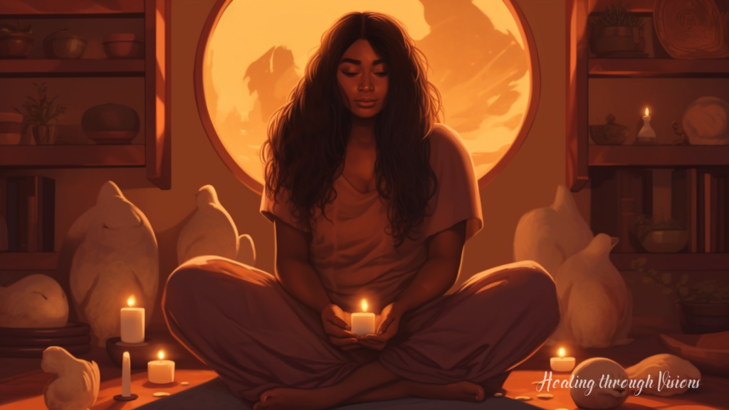 As the sun sets on a cozy room, a high priestess sits cross-legged surrounded by the gentle glow of candles and the soothing scent of burning incense. In the background, a dreamcatcher hangs on the wall, symbolizing the release of negative energy, while a crystal cluster radiates healing energy on the altar. The air is thick with a sense of peace and serenity as the egg cleansing process continues, leaving the person feeling lighter and more energized.