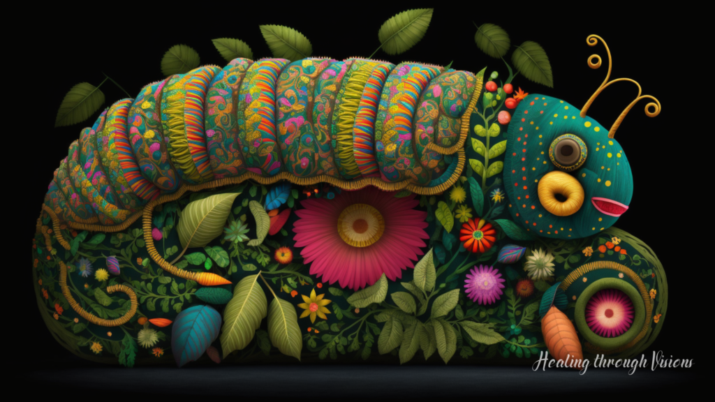 A vibrant scene in which a magical caterpillar is preparing to enter its cocoon phase. The caterpillar is shown in exquisite detail, with its bright, colorful body covered in intricate patterns and designs. Its many legs are poised for movement, while its eyes shine with a sense of curiosity and wonder. The caterpillar is surrounded by lush, green leaves and vibrant flowers, evoking a sense of natural beauty and abundance. In the background, a softly blurred forest or meadow stretches out into the distance, hinting at the caterpillar's journey of transformation that is to come. The overall effect is one of enchantment and wonder, inviting the viewer to contemplate the magic of nature and the infinite potential of transformation and growth.