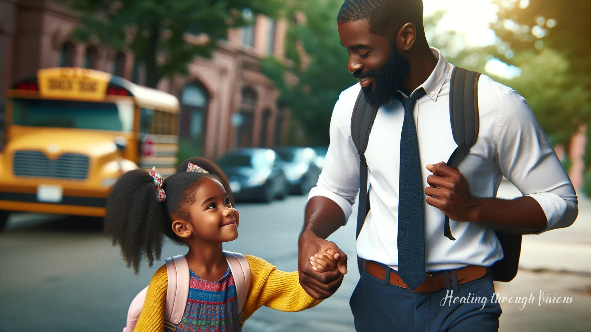 A strong, nurturing, protective Black father, holding the hand of his Black daughter as they cross the street after school. The daughter has pigtails and is wearing a colorful outfit. She is smiling, conveying a sense of safety and joy being with her father. The setting is a typical street scene, capturing a tender, everyday moment.