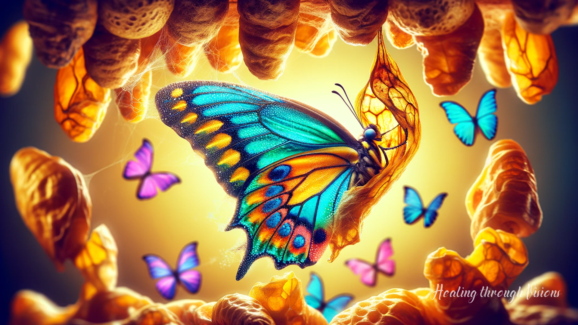 A vibrant image of a butterfly emerging from its cocoon, captured in high-definition. The photograph illustrates the moment of transformation and emergence, showcasing the butterfly's vivid colors and the remnants of the cocoon. This image symbolizes transformation and the beauty of new beginnings.