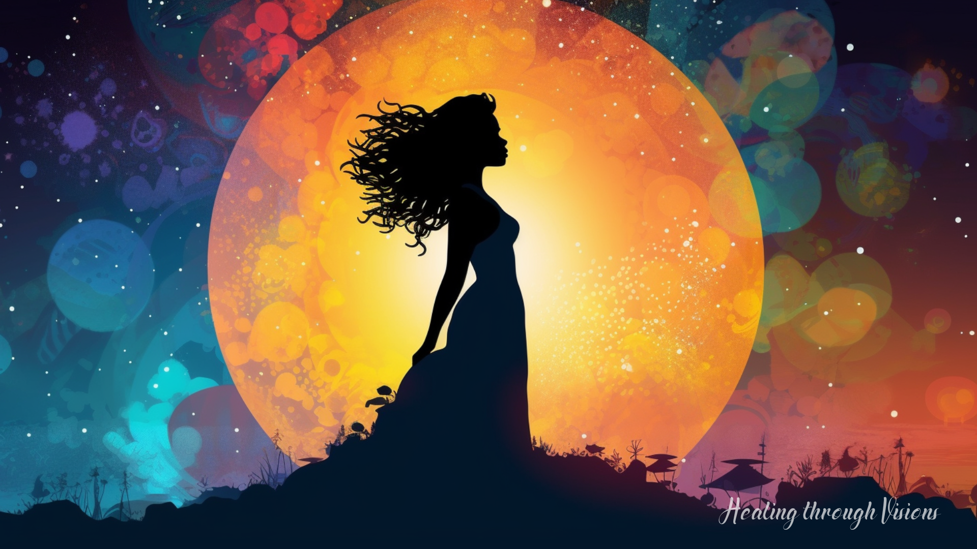 A magical and vibrant image of a silhouette of a woman standing under the bright light of the Moon. Despite the darkness of the night, the colors around her are vivid and alive, radiating with energy and beauty. Around her, the world is bathed in a soothing and calming energy that is cast by the Moon's gentle light. The air is filled with the fragrant scent of lavender and the sound of crickets chirping in the distance.