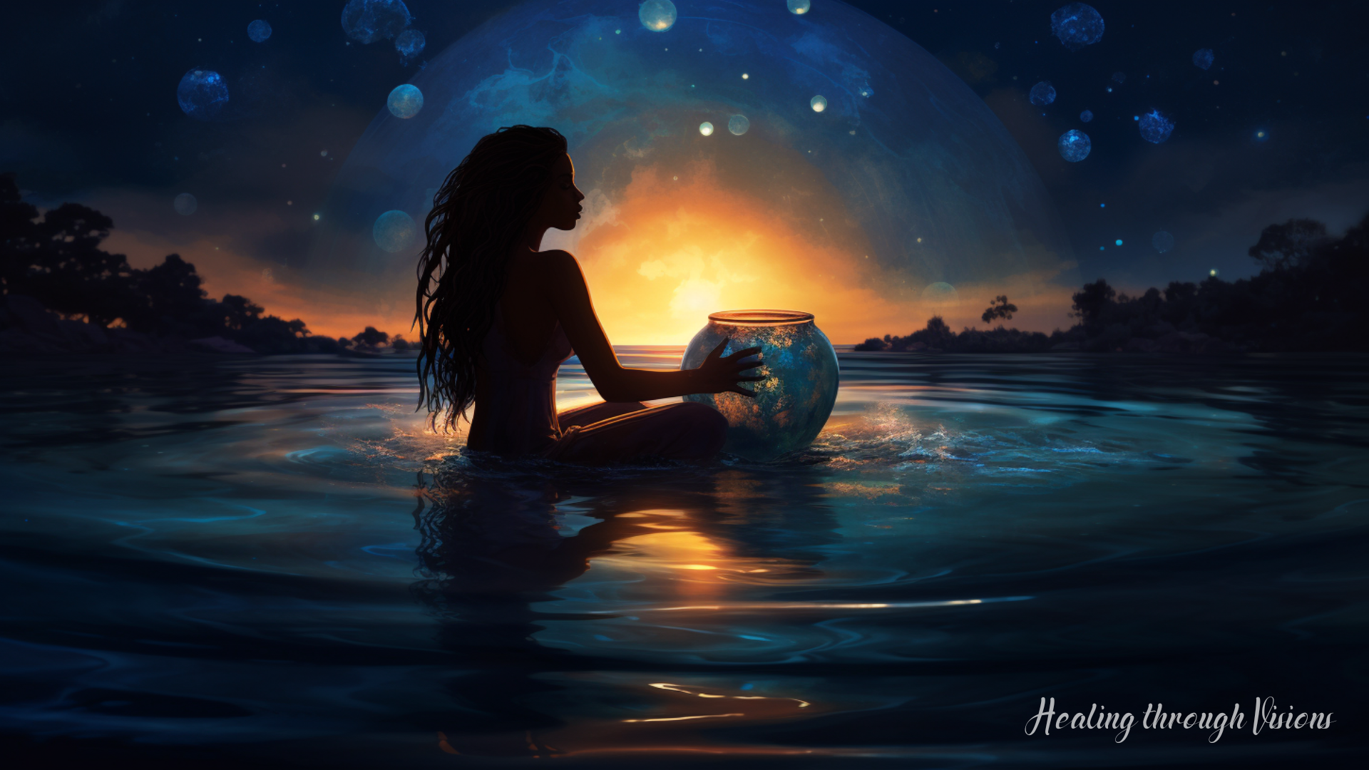 Amidst the deep velvety canvas of the night sky, the silver luminescence of the moon cascades gently onto a shimmering pool of water, cradled within a clear glass vessel. The celestial glow intertwines with the ripples, each droplet a repository of ancient wisdom and cosmic energy. Silhouetted against this ethereal backdrop, a Black woman mystic sits, her form radiating an aura of serenity and boundless power. Her gaze, fixed on the moonlit elixir, seems to weave a silent spell, drawing forth the very essence of the Universe, uniting the ethereal and the earthly in a dance of divine alchemy