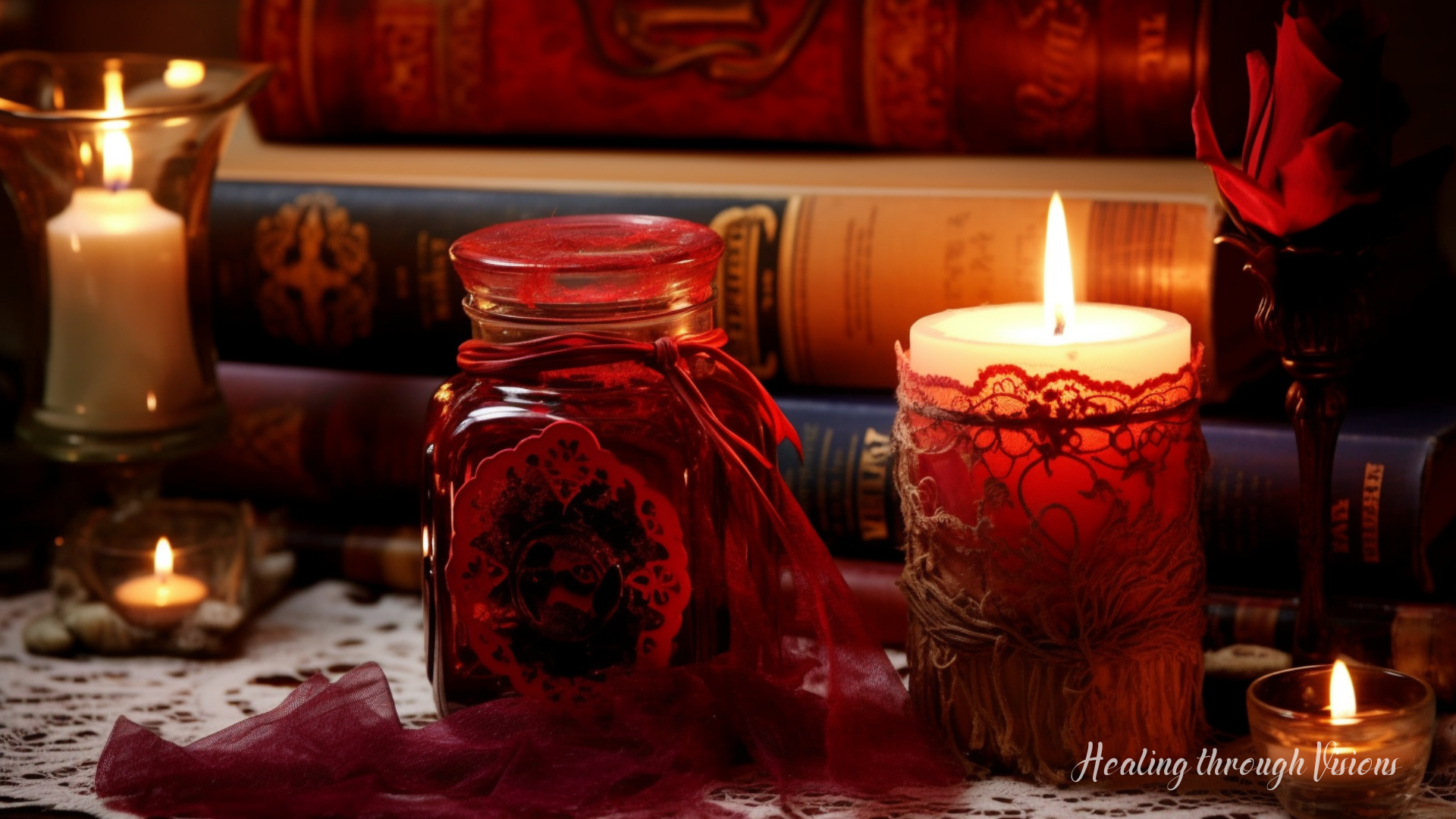 In the cozy parlor of a Hoodoo priestess nestled in the heart of 21st century New Orleans, a captivating scene unfolds. Upon a beautifully adorned table, bathed in the warm glow of flickering candles, a single love jar spell takes center stage. A glass jar, elegantly embellished with intricate lace and tied with a crimson ribbon, emanates an aura of magnetic energy. Inside, a symphony of vibrant hues intertwines as rose petals, jasmine blossoms, and fragrant herbs create a kaleidoscope of love's essence. Glistening gemstones, carefully chosen for their metaphysical properties, nestle among the botanical treasures, radiating their captivating allure. The air carries a heady scent of passion and enchantment, as the delicate fragrance of essential oils mingles with the lingering wisps of sacred incense.