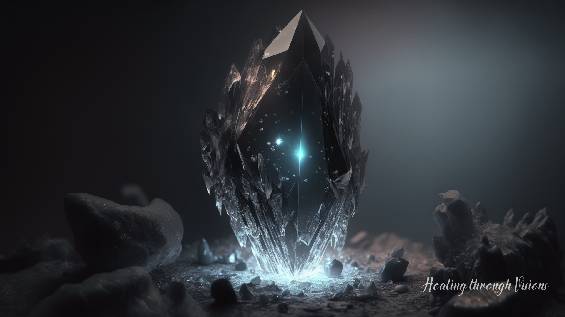 A stunning and magical scene in which a raw black jet crystal is illuminated by a mysterious light.