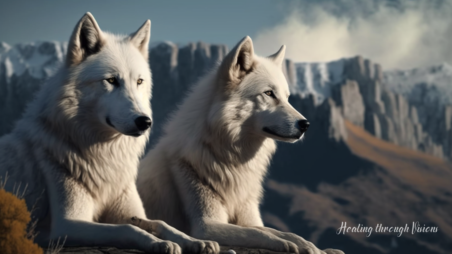 Two majestic white wolves sitting ferociously at the top of a mountain.