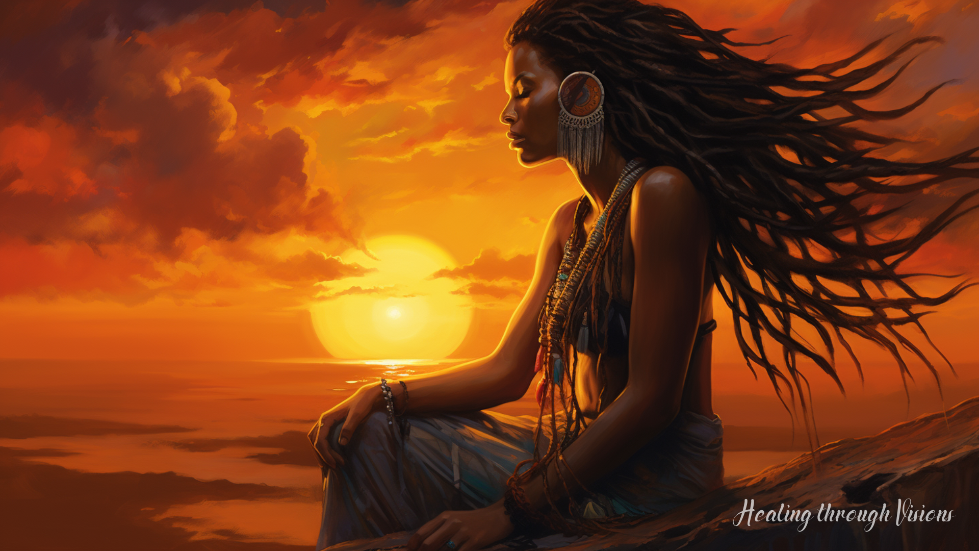 In the golden hour's gentle glow, an indigenous shaman woman with flowing locs prepares libations for her ancestors at an intricately adorned altar. With grace and intention, she pours offerings, uniting the earthly and the divine, embodying the living bridge between generations with profound reverence and love.