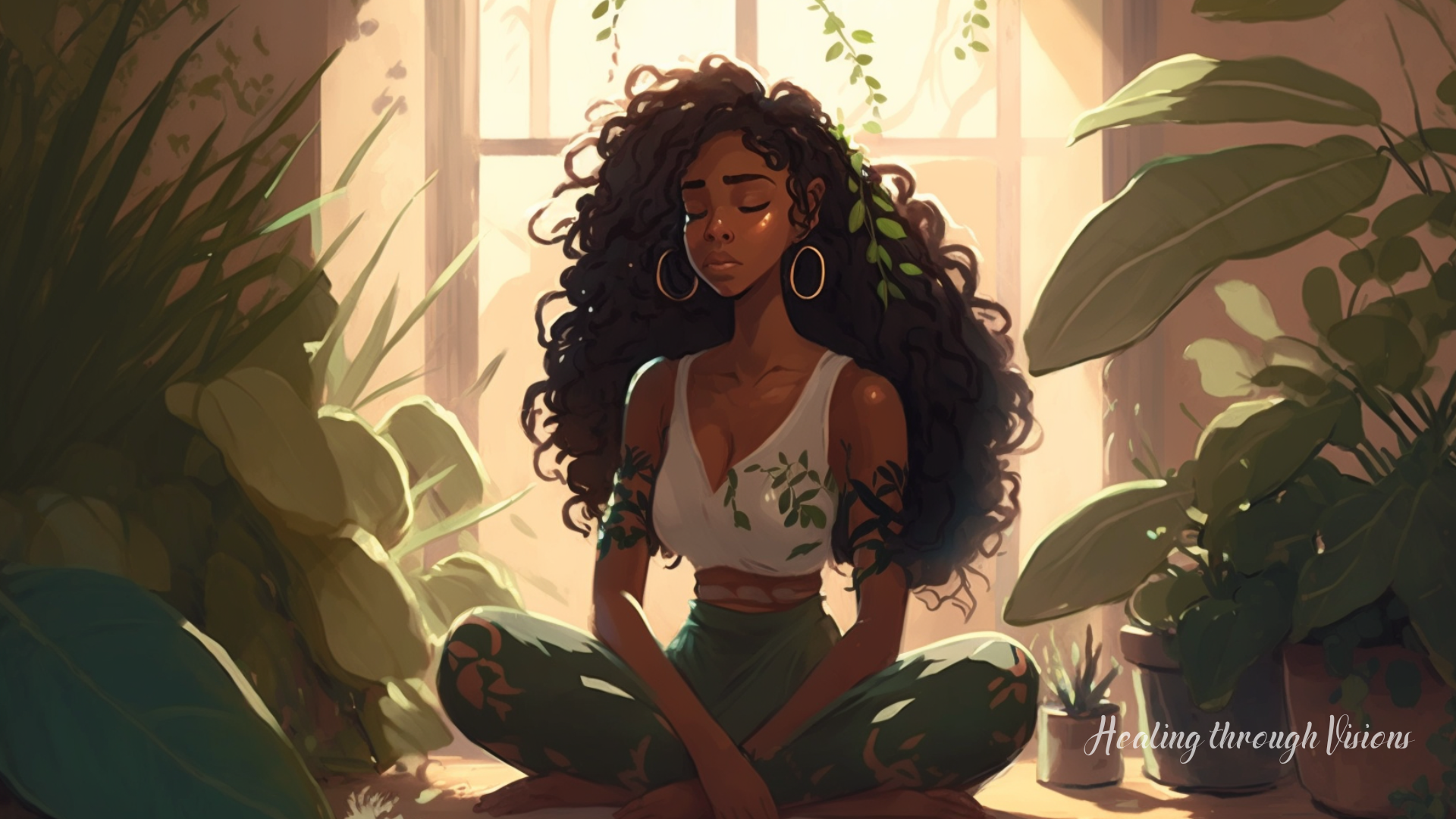 A young Black woman sits cross-legged on the floor, her long locs cascading down her back in thick waves. Her nose piercing glints in the soft light of the room, and her eyes are closed as she meditates amidst the lush greenery of the jade plants surrounding her. The glossy leaves of the plants shimmer in the gentle breeze, casting shadows on her face and creating a magical aura around her. The woman's skin glows with an inner radiance, and it's clear that she is at peace and in harmony with the natural world around her. As she meditates, she channels the energies of the plants, calling upon their association with prosperity, wealth, and fortune to manifest abundance and success in her life.