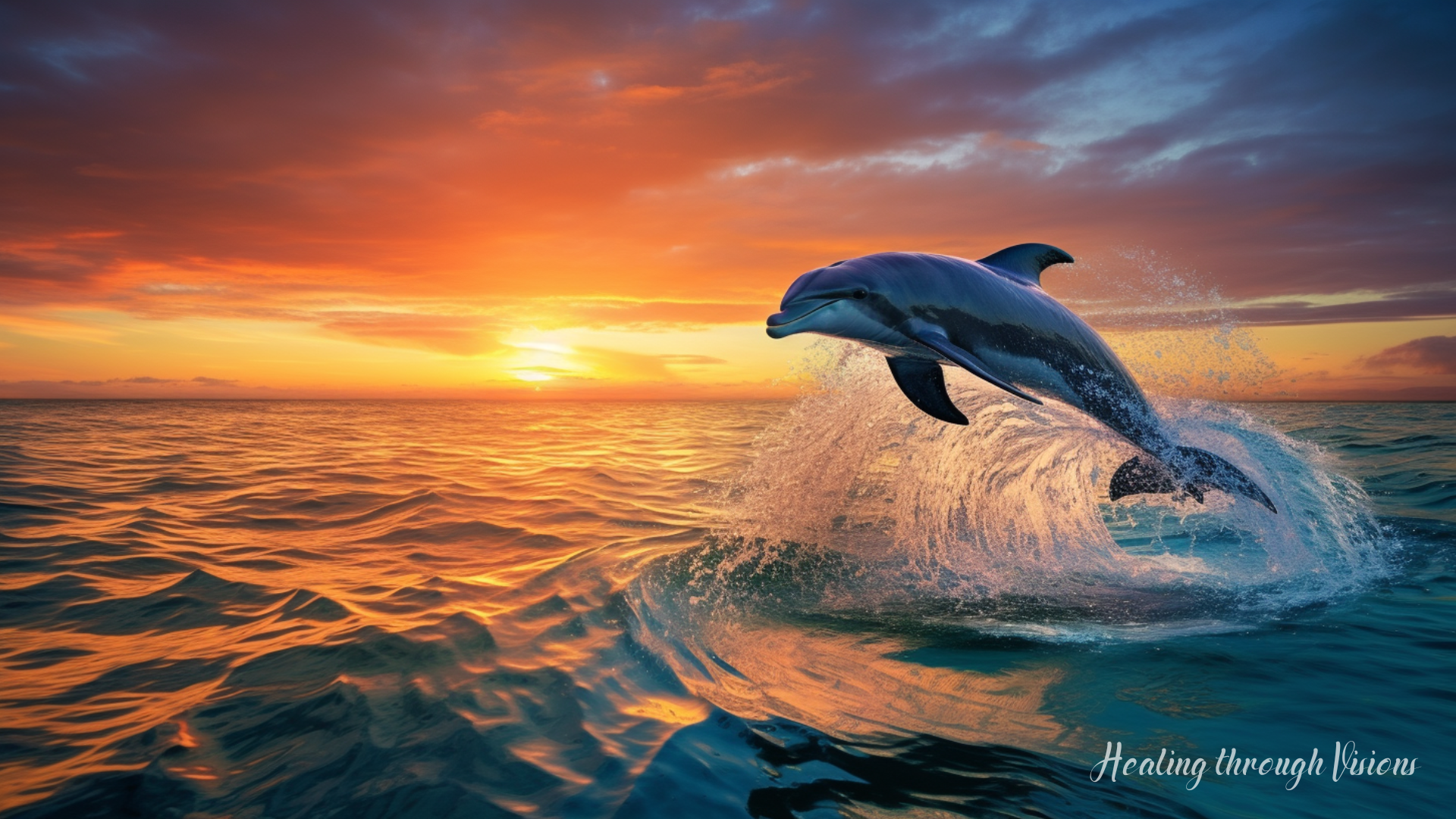 A majestic dolphin gracefully leaps out of crystal-clear turquoise waters against a backdrop of a radiant sunset. The dolphin's sleek, iridescent body glistens as the sun's golden rays illuminate its form, creating an enchanting spectacle of shimmering colors. The dolphin's playful expression and arched body exude a sense of joy and freedom, capturing the essence of its vibrant energy. Surrounding the dolphin, sparkling droplets of water hang in mid-air, frozen in time, adding an ethereal touch to the scene. The vibrant hues of the sunset paint the sky in hues of fiery oranges, soft pinks, and soothing purples, evoking a sense of magic and awe. This magical and vivid image of a dolphin symbolizes the spirit of exploration, emotional connection, and the boundless possibilities that await those who embark on their journey of self-discovery and embrace the depths of their inner world.