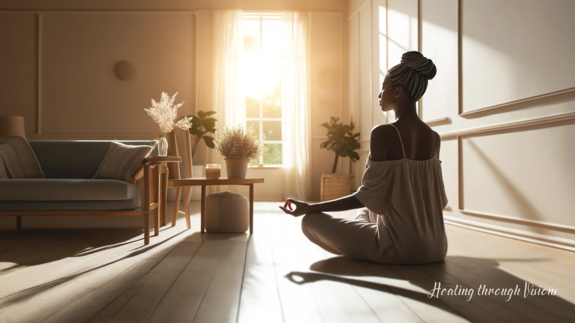 Healing through Visions - Morning Light Meditation is a serene room bathed in morning light, with a Black woman seated in meditation. Her energy reflects tranquility and peace, to encourage a positive start to the day. The room features simple, elegant decor with plants and soft colors, embodying a calming atmosphere.