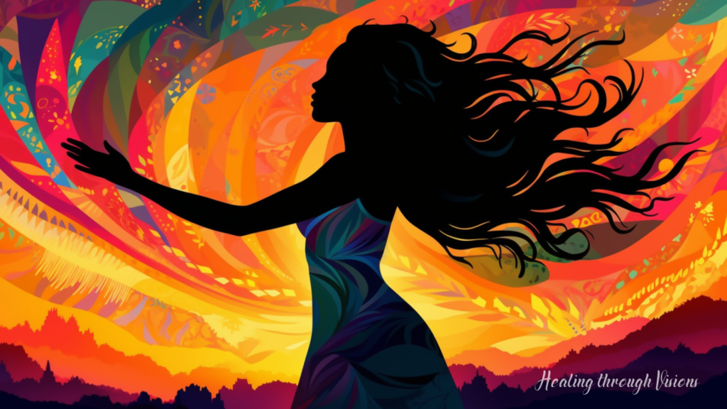 Silhouette of a Black woman with long, flowing hair stands tall at a crossroads. The paths before her are illuminated with vibrant, glowing colors, representing the potential for growth and healing that can come from conflict. Her energy is serene and peaceful, reflecting the open heart space she has cultivated within herself. Her outstretched arms are open and welcoming, ready to embrace whatever may come her way with grace and compassion. In the background, the sun sets in a blaze of warm, golden hues, symbolizing the transformative power of conflict and the promise of a brighter future ahead.
