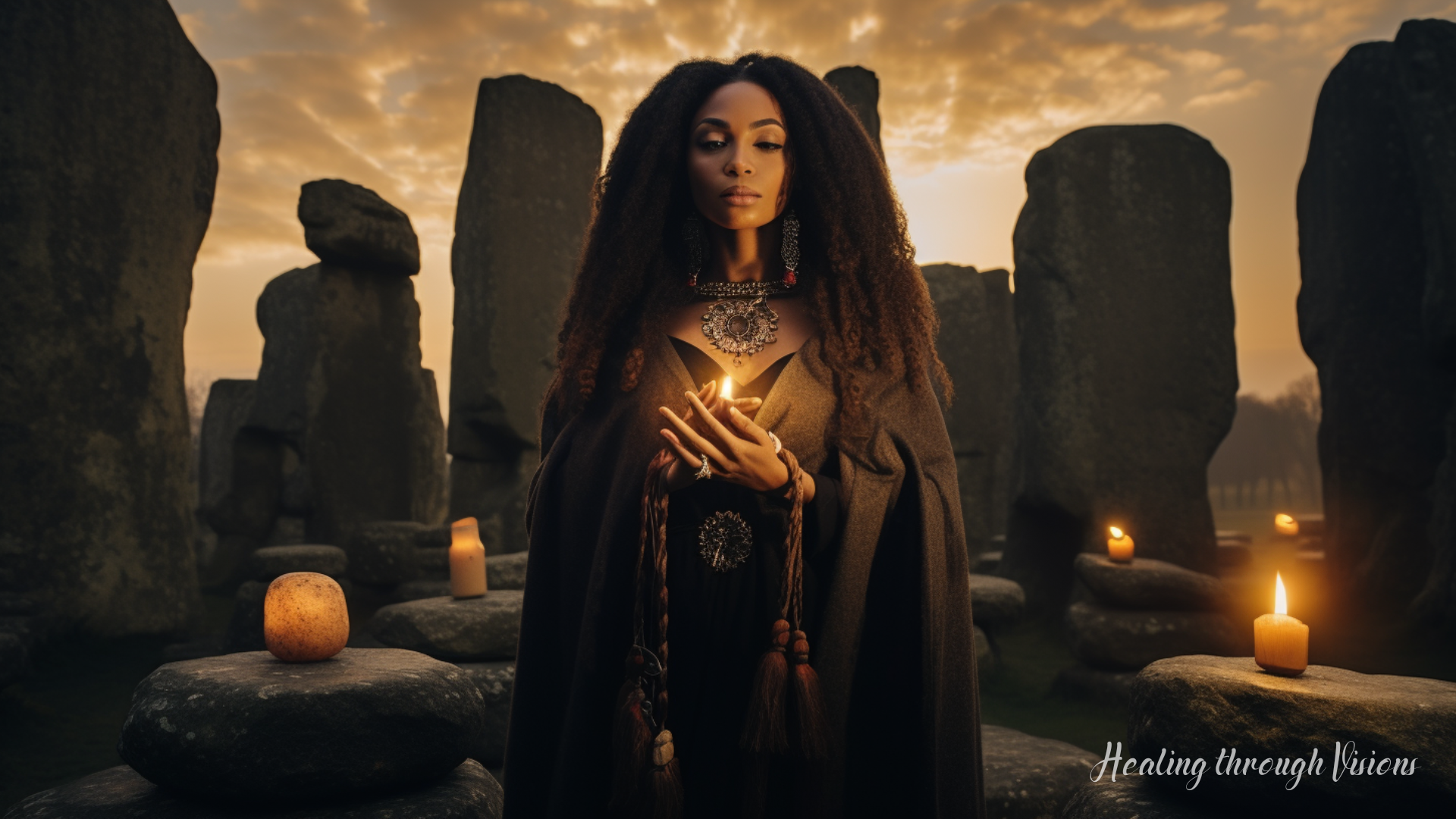 In the enchanting embrace of Stonehenge, a captivating and magical scene unfolds as a Black woman shaman stands in the center, immersed in deep prayer. The ancient stones stand tall and majestic, their weathered surfaces emanating a mystical energy that resonates with her being. Bathed in the soft glow of the rising sun, she is adorned in vibrant ceremonial attire that reflects her ancestral heritage. With closed eyes and outstretched arms, she connects with the unseen realms, invoking the wisdom of her ancestors and the elemental spirits of the land.