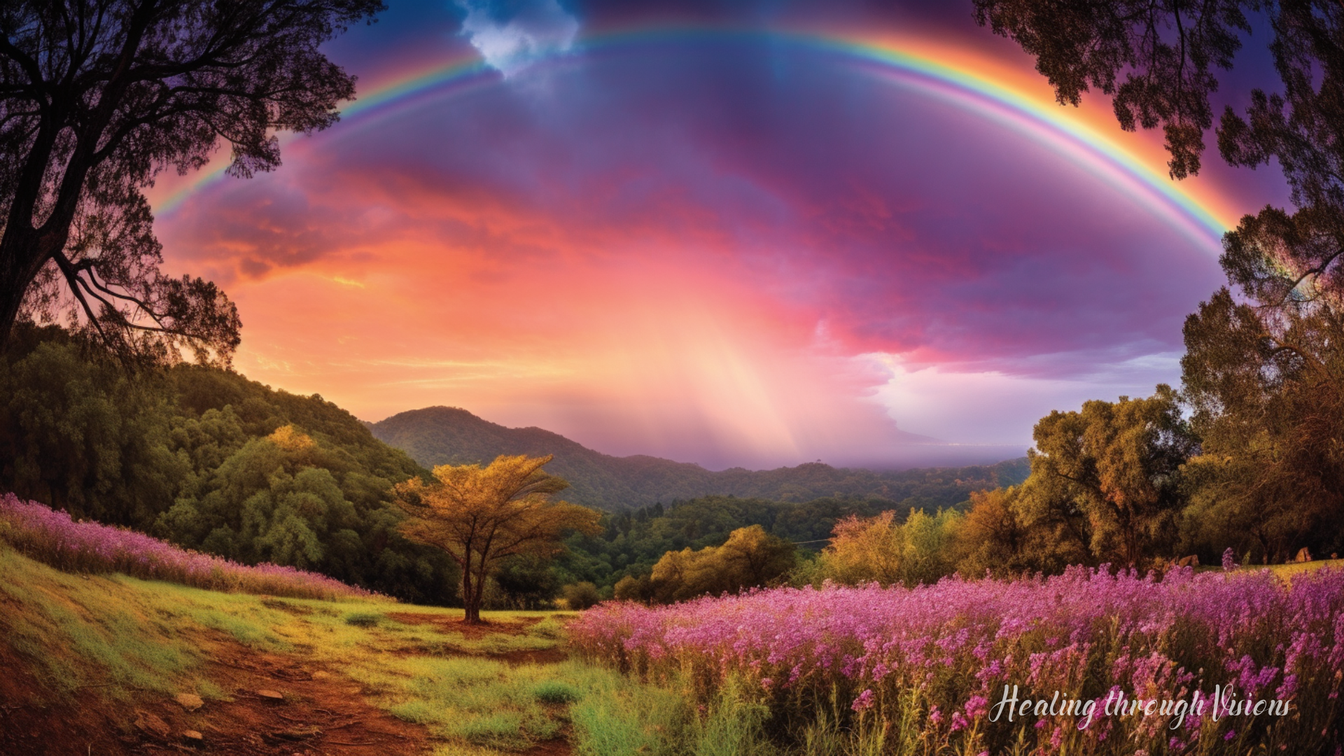 In this enchanting image, a vibrant rainbow stretches gracefully across the sky, captivating the viewer's gaze with its vivid hues and mystical aura. The radiant spectrum of colors--ranging from brilliant reds to soothing violets--seems to shimmer and dance, creating an otherworldly atmosphere. As the sun's gentle rays peek through the clouds, they infuse the rainbow with a soft, ethereal glow, casting a magical light upon the landscape below. The rainbow, a symbol of hope and promise, holds profound significance in this image, representing the gateway to a future brimming with love, joy, and fulfillment. Its arching form gracefully spans the horizon, embracing the world in its benevolent embrace. Each color holds its own energy and meaning--red for passion, orange for creativity, yellow for optimism, green for growth, blue for serenity, indigo for intuition, and violet for spiritual transformation. As you gaze upon this magnificent rainbow, you can almost feel the love that emanates from its very core, carrying the whispers of divine blessings and reminding you that your desires, no matter how lofty or ambitious, have the potential to be realized. It serves as a beacon of hope, reminding you that even amidst challenges, there is always a ray of light that guides you towards your dreams. The scene surrounding the rainbow is one of pure enchantment, with lush meadows adorned with vibrant blossoms, majestic trees swaying gently, and a sense of serenity and anticipation filling the air. This imagery of a magical and mystical rainbow full of love in the future invites you to bask in its radiant beauty and allow it to inspire you, as it holds the promise of a reality where your heart's desires are beautifully woven into the fabric of your existence.