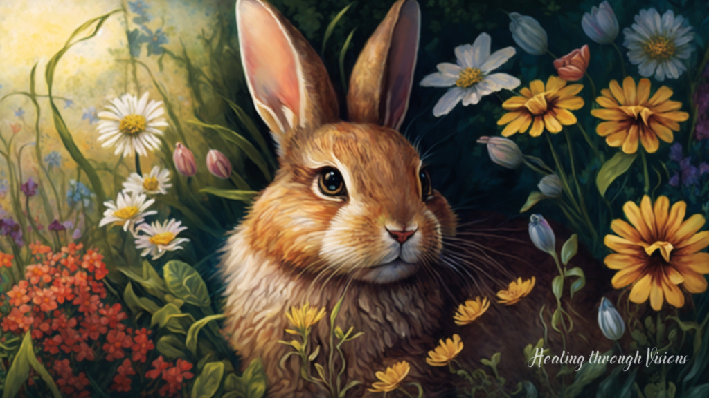 The image features a playful and magical rabbit sitting on a bed of lush green grass, surrounded by colorful flowers in full bloom. The rabbit has long, furry ears, soft white fur, and bright, expressive eyes that exude a sense of curiosity and wonder. The rabbit is holding a golden key in its mouth, symbolizing abundance and prosperity, while its paws rest on a sparkling crystal ball, representing spiritual guidance and intuition. The scene is bathed in a warm, golden light, suggesting a sense of joy and positivity. The rabbit appears to be in motion, ready to spring into action at any moment, embodying the spirit of agility and adaptability. Overall, the image captures the playful, magical, and prosperous energy of the rabbit spirit animal, extreme details, cinematic quality.