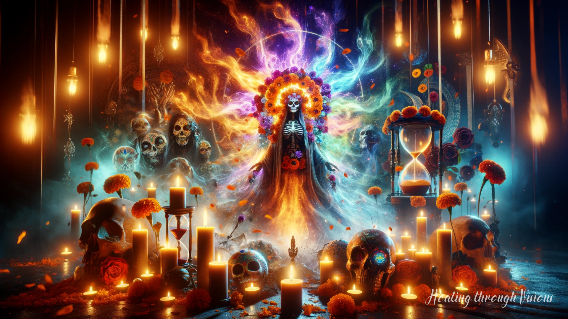 A dramatic and powerful image capturing the essence of Santa Muerte, filled with vibrant colors representing her different lights. The scene is set in a mystical, candle-lit space adorned with symbols like marigolds, skulls, and an hourglass. In the center, a majestic figure of Santa Muerte stands, emanating an aura of empowerment and love, surrounded by a captivating atmosphere that blends realism with theatrical and cinematic elements.